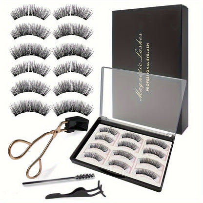 3 Styles of Magnetic False Eyelashes, 12pcs, Tweezers + Brush, Magnetic False Eyelashes Natural Set for Beginners