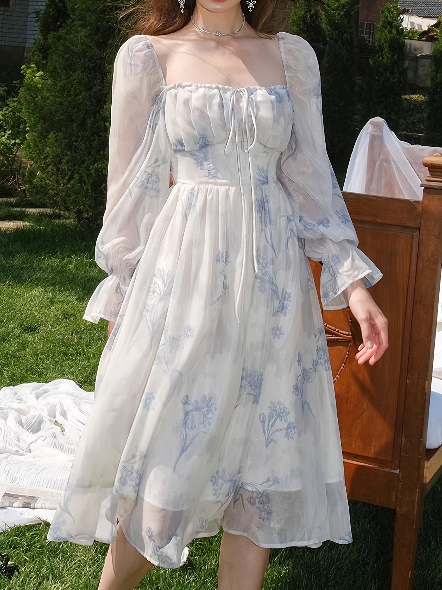 Elegant Floral Chiffon Midi Dress with Bell Sleeves - Square Neck, Long Sleeve, Lightweight, All-Season Wear for Women, Long Sleeve Dress