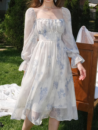 Elegant Floral Chiffon Midi Dress with Bell Sleeves - Square Neck, Long Sleeve, Lightweight, All-Season Wear for Women, Long Sleeve Dress