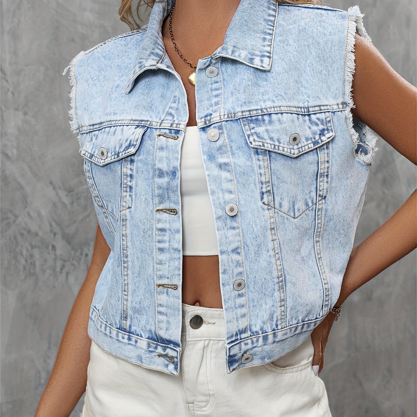 Blue Sleeveless Versatile Denim Jackets, Single-Breasted Button Flap Pockets Lapel Denim Vest, Women's Denim Clothing