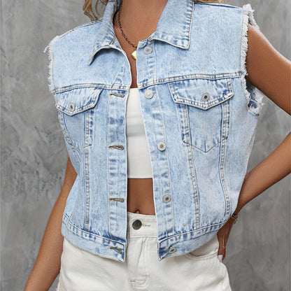 Blue Sleeveless Versatile Denim Jackets, Single-Breasted Button Flap Pockets Lapel Denim Vest, Women's Denim Clothing
