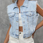Blue Sleeveless Versatile Denim Jackets, Single-Breasted Button Flap Pockets Lapel Denim Vest, Women's Denim Clothing