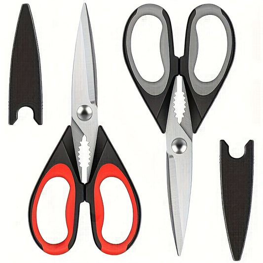 2-Pack Stainless Steel Kitchen Scissors - Heavy Duty All-Purpose Meat & Poultry Shears with Non-Slip Handles, Dishwasher Safe, Sharp Cutting Edge for Cooking & Utility Use - Black & Red/Black & Gray