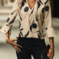 Elegant Geometric-Pattern V-Neck Blouse, 100% Polyester Ruffle Sleeve Shirt with Tight Hem, Regular Fit Pullover for Spring/Summer/Fall - Woven Adult Shirting