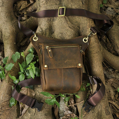 Men's Genuine Leather Vintage Sling Bag - Casual Classic Brown Travel Fanny Pack with Multiple Zippered Pockets & Adjustable Strap