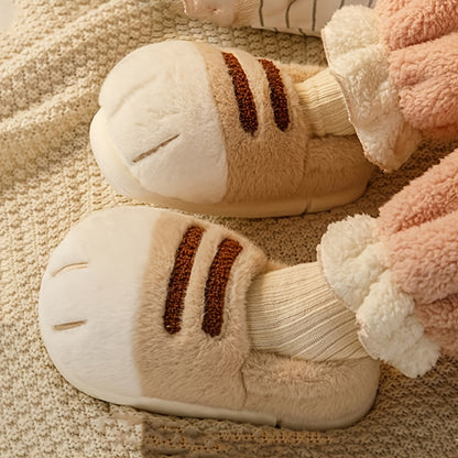 Winter Cartoon Cat Paw Style Women's Slippers for Home Warmth Men's Plush Flat Shoes