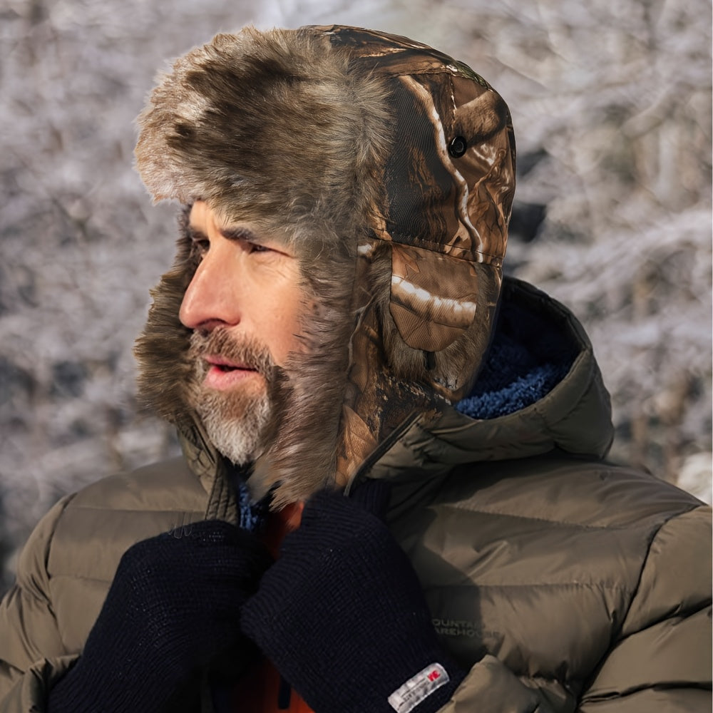 Camouflage Winter Trapper Hat Unisex Coldproof Fleece Ear Flap Hats Outdoor Hunting Hiking Bomber Hat For Women & Men