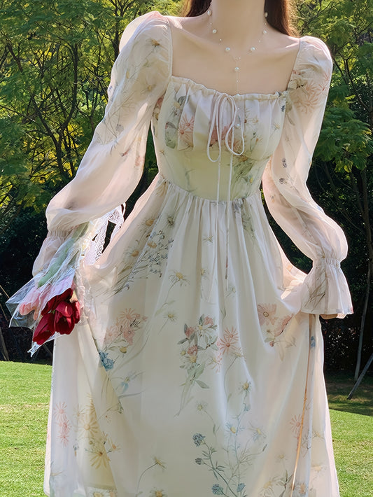 Elegant Floral Chiffon Midi Dress with Bell Sleeves - Square Neck, Long Sleeve, Lightweight, All-Season Wear for Women, Long Sleeve Dress