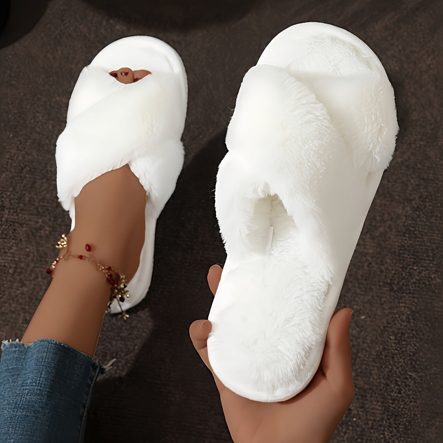 Cozy Crisscross Band Plush Indoor Slippers, Soft Sole Fuzzy Shoes, Non Slip Home Floor Slippers with Leopard Print