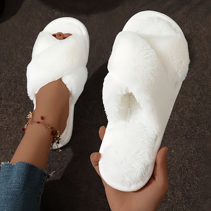 Cozy Crisscross Band Plush Indoor Slippers, Soft Sole Fuzzy Shoes, Non Slip Home Floor Slippers with Leopard Print
