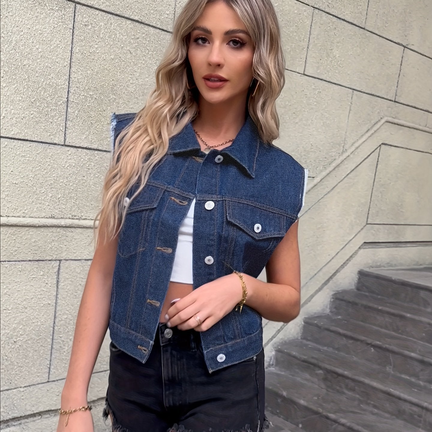 Blue Sleeveless Versatile Denim Jackets, Single-Breasted Button Flap Pockets Lapel Denim Vest, Women's Denim Clothing