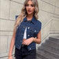 Blue Sleeveless Versatile Denim Jackets, Single-Breasted Button Flap Pockets Lapel Denim Vest, Women's Denim Clothing