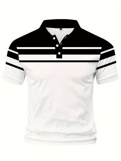 Men's Stripes Color Blocking Print Summer Short Sleeve Lapel T-shirt, Casual Comfy Sports Top As Gift