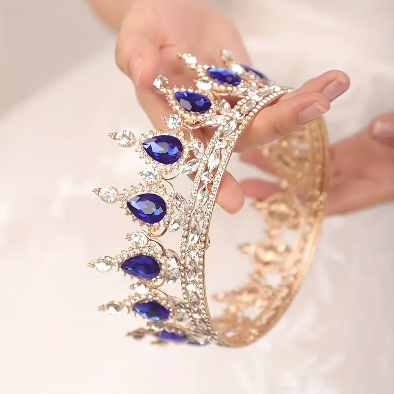 1pc Baroque Style Round Crown Princess Queen's Round Crown Bridal Wedding Birthday Hair Accessories, Retro Style