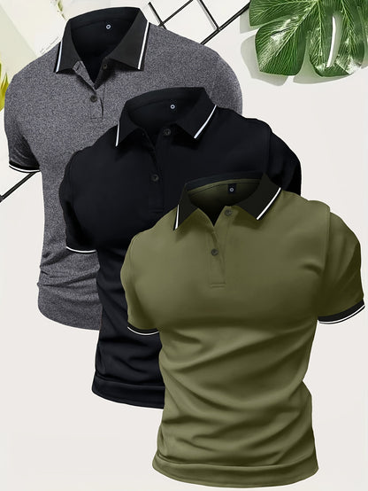 3Pcs Breathable Men's Golf Shirt, Regular Fit V-Neck Short Sleeve Casual T-Shirt for Summer