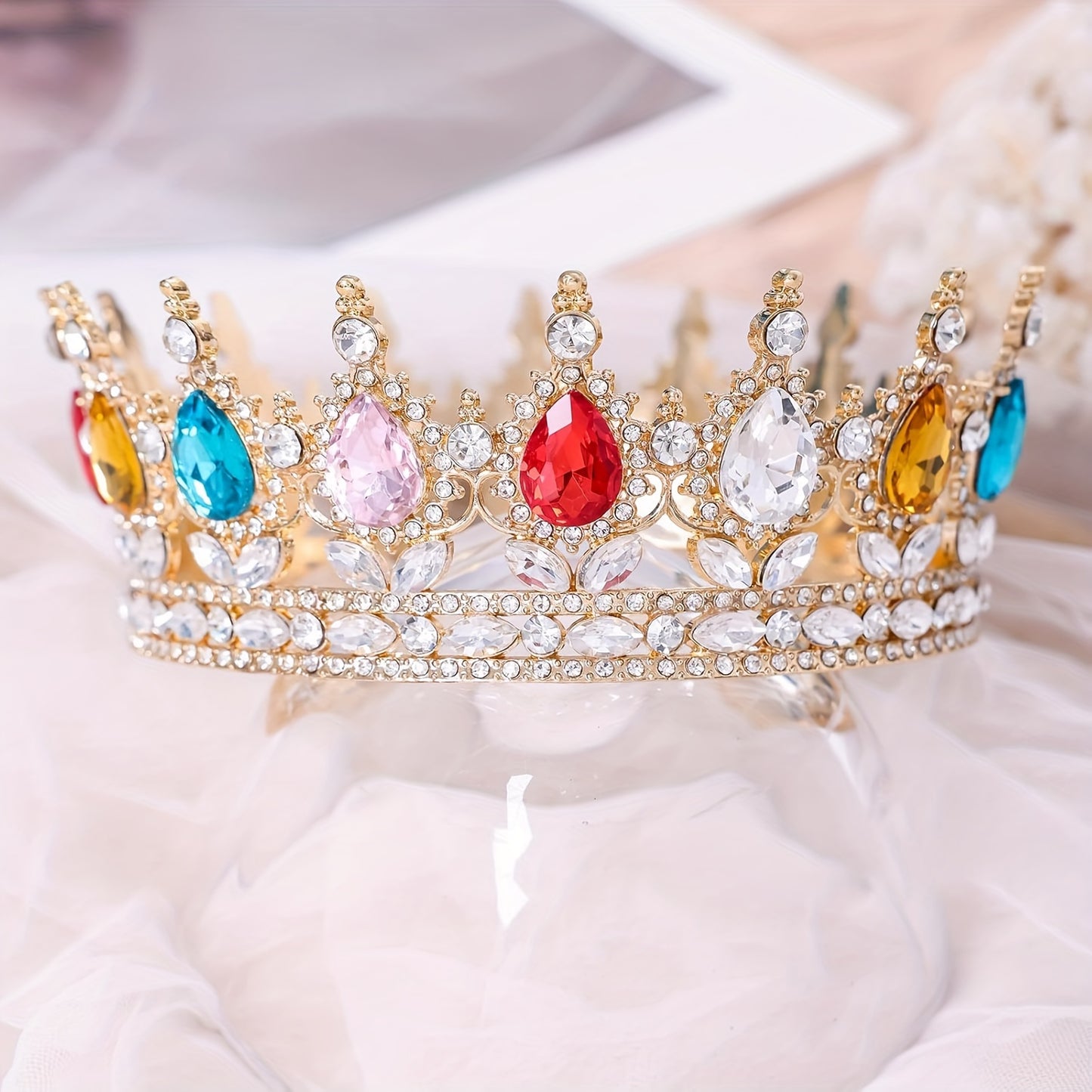 1pc Baroque Style Round Crown Princess Queen's Round Crown Bridal Wedding Birthday Hair Accessories, Retro Style