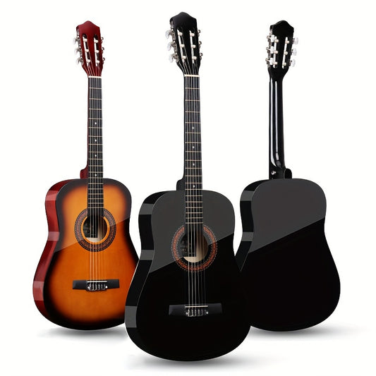 38-Inch Acoustic Classical Guitar Set with Polished Finish - Ideal for Beginners, Includes Case, Strap, Tuning Clip, Cleaning Cloth, Strings & Picks - Available in Orange/Black