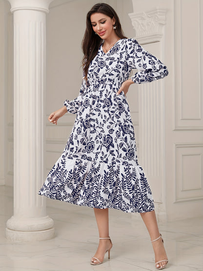 Floral & Leaves Print V-neck Dress, Elegant Elastic Waist Long Sleeve Dress For Spring & Fall, Women's Clothing