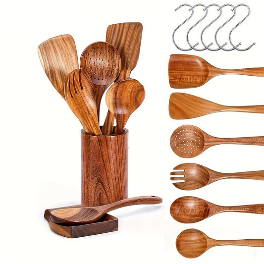 Wooden Spoons for Cooking  Wooden Utensils for Cooking Set with Hold Spoon Rest and Hooks Teak Wood Nonstick Kitchen Cookware  Durable Set of 8pcs