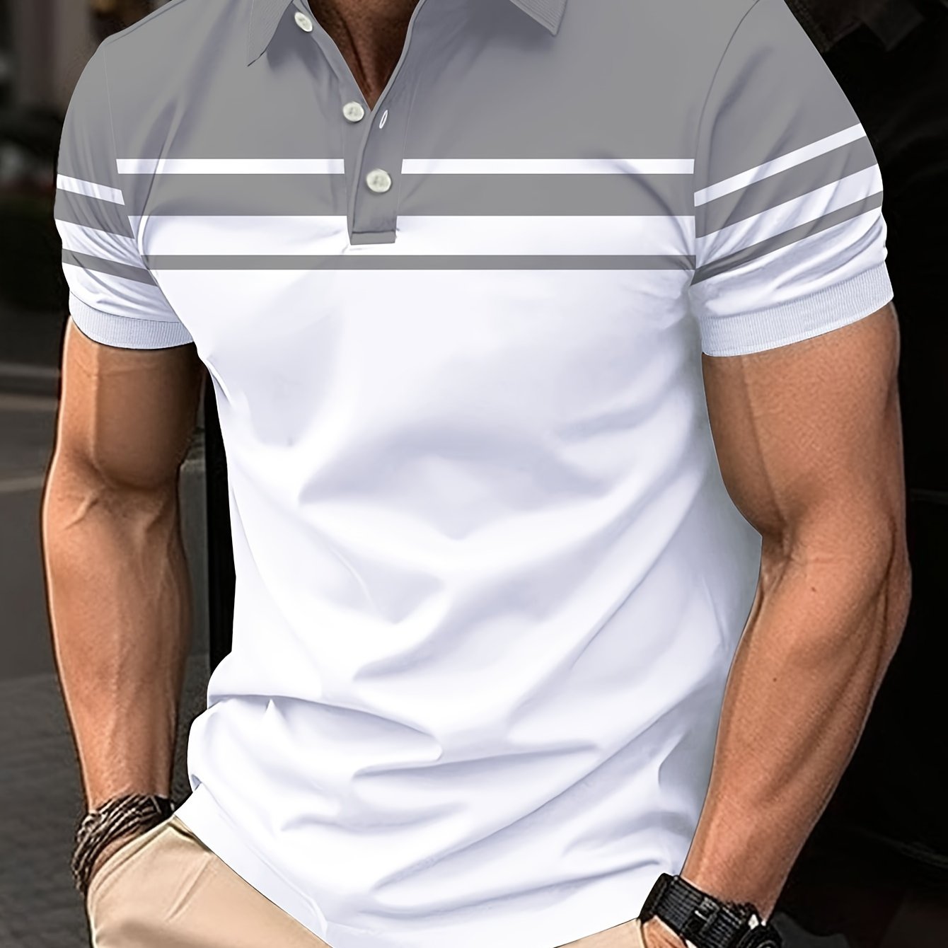 Men's Stripes Color Blocking Print Summer Short Sleeve Lapel T-shirt, Casual Comfy Sports Top As Gift