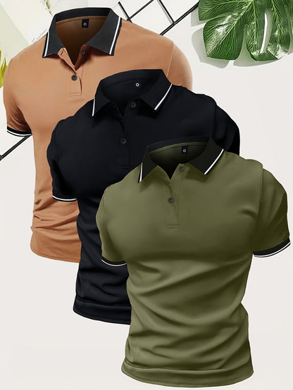 3Pcs Breathable Men's Golf Shirt, Regular Fit V-Neck Short Sleeve Casual T-Shirt for Summer