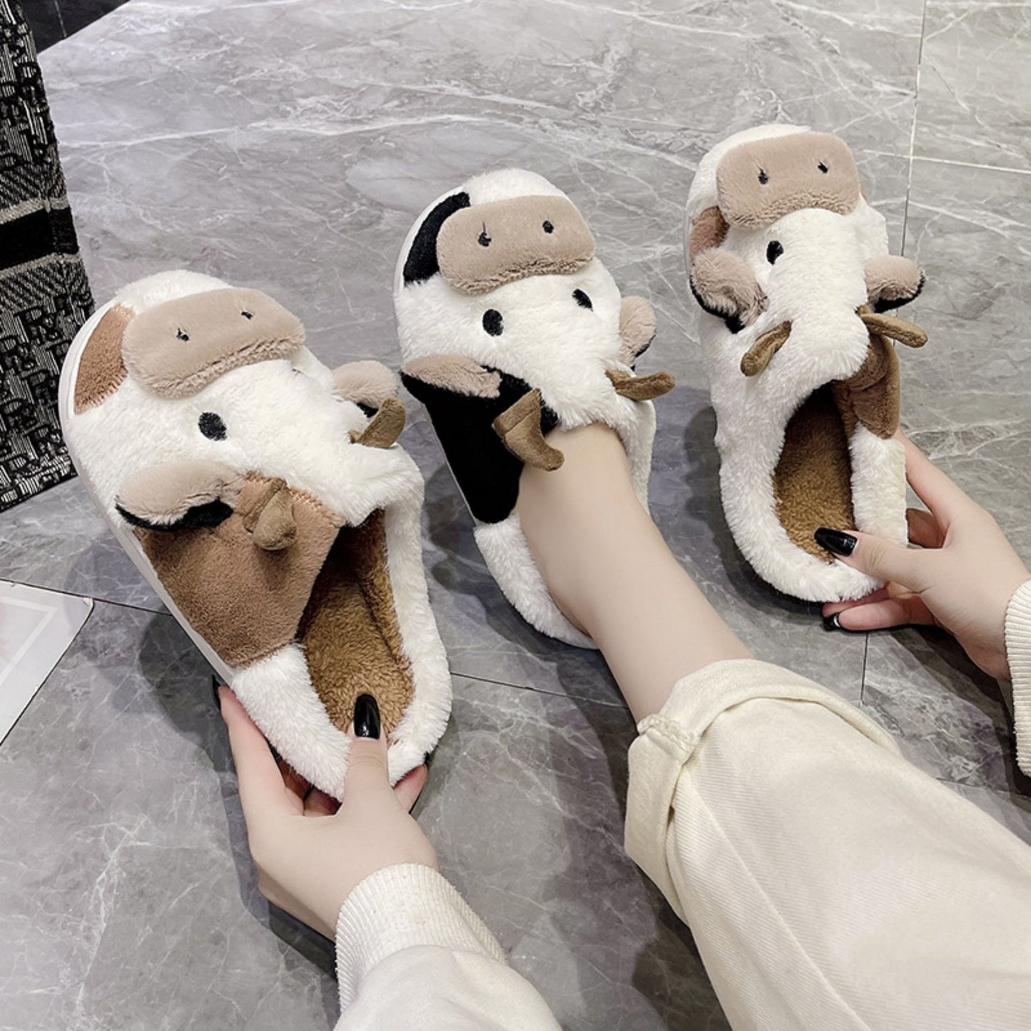 Fuzzy Cute Cow Slippers For Women Winter Warm Cozy Animal Fluffy Kawaii House Slippers Cute Slippers