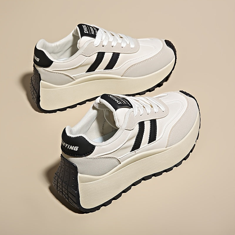 1 Pair Women'S Fashion Chunky Sneakers 2024, Striped Low Top Lace-Up Sports Shoes, All-Season Lightweight Casual Athletic Footwear with Plain Toe, Fabric Upper & Inner, PVC Sole, No-Print Design