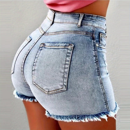 [Summer Wardrobe] Women's High-Waist Black Denim Shorts with Fringe Detail - Stylish Slimming Summer Essential, Look, Raw Hem, Casual Hot Pants for Spring/Summer