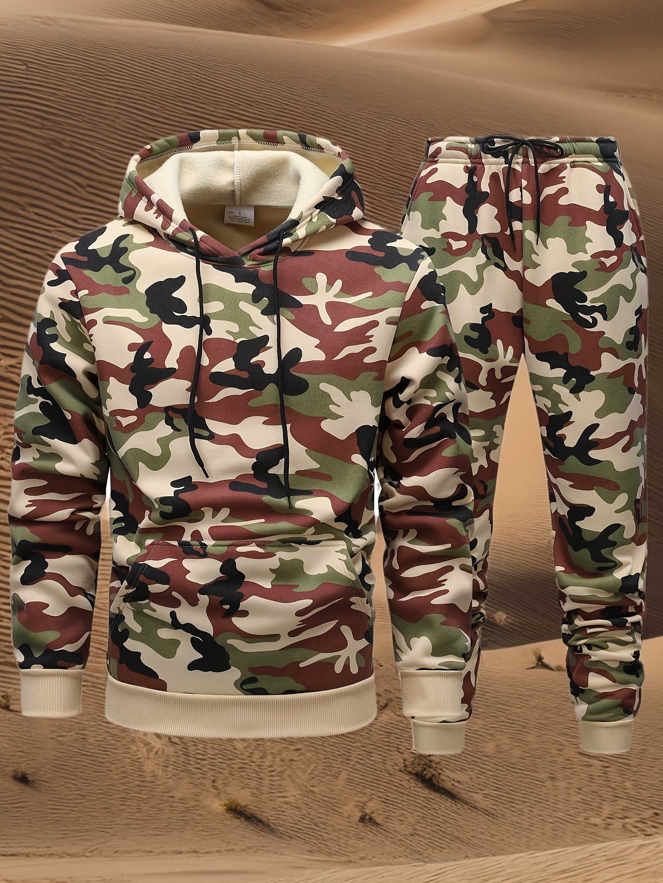 Men'S Camo Hooded Sweatshirt and Pants Set, Casual Outdoor Polyester 100% Full Body Suit, Long Sleeve Pullovers with Drawstring, Regular Fit, 3D Printing, Knit Fabric, Slight Stretch, for Hiking, Camping, Hunting, Running, Tr