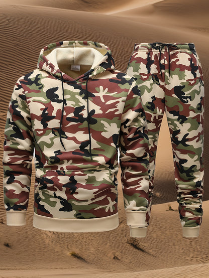 Men'S Camo Hooded Sweatshirt and Pants Set, Casual Outdoor Polyester 100% Full Body Suit, Long Sleeve Pullovers with Drawstring, Regular Fit, 3D Printing, Knit Fabric, Slight Stretch, for Hiking, Camping, Hunting, Running, Tr