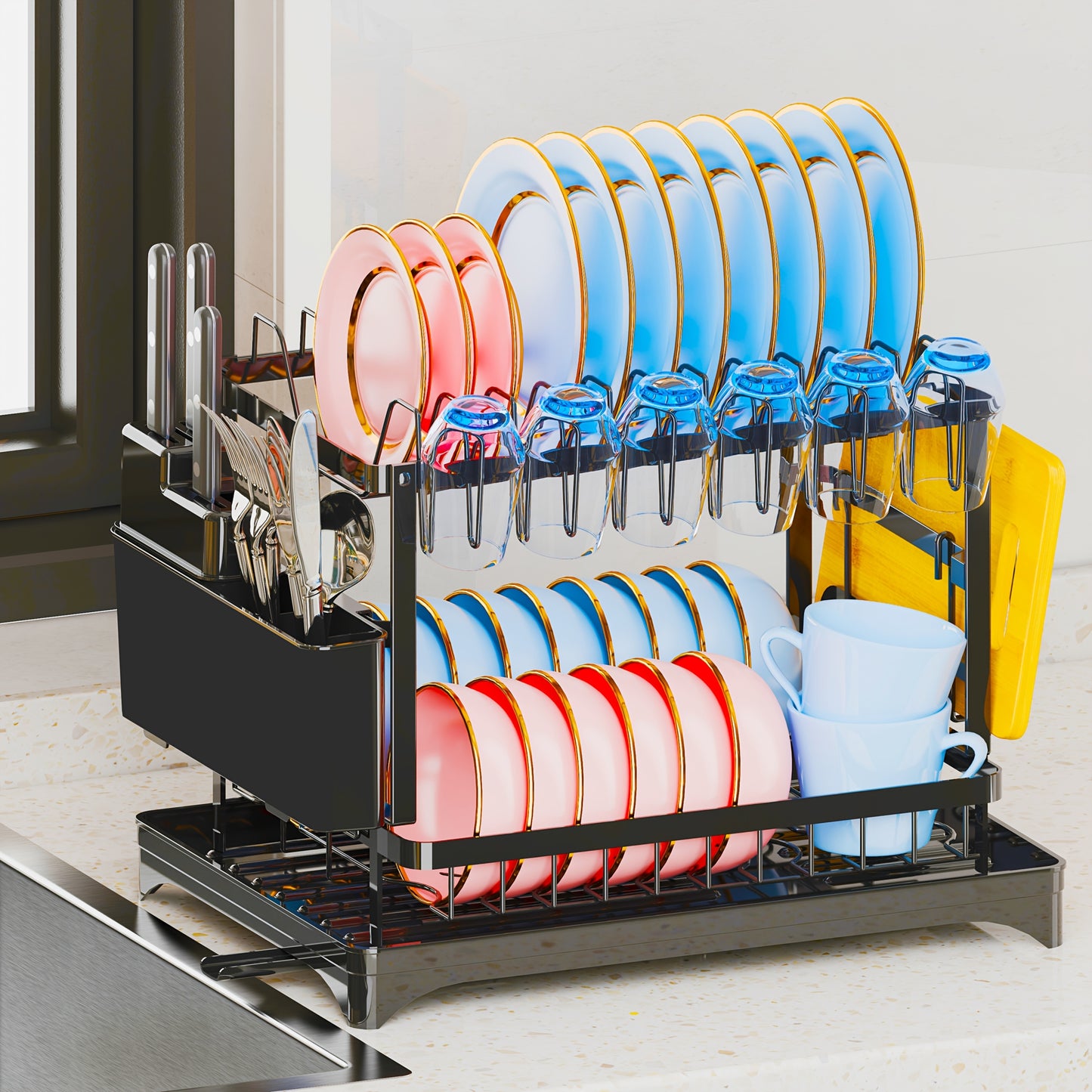 Dish Rack, 2 Tier Utensil Holder, Rustproof Kitchen Dish Drying Rack With Drainboard And Utensil Holder For Kitchen Countertop, Kitchen Accessories