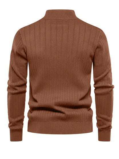 Men's Navy Blue Half-Zip Stand Collar Sweatshirt - Stretch Blend, Ribbed Texture, Long Sleeve - Ideal for Fishing & Walking in Fall/Winter