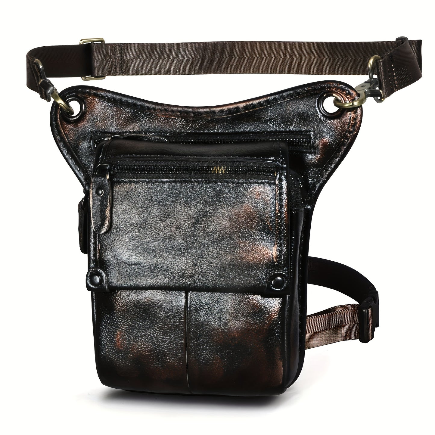 Men's Genuine Leather Vintage Sling Bag - Casual Classic Brown Travel Fanny Pack with Multiple Zippered Pockets & Adjustable Strap