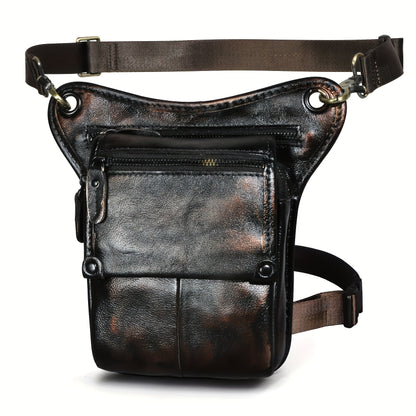 Men's Genuine Leather Vintage Sling Bag - Casual Classic Brown Travel Fanny Pack with Multiple Zippered Pockets & Adjustable Strap