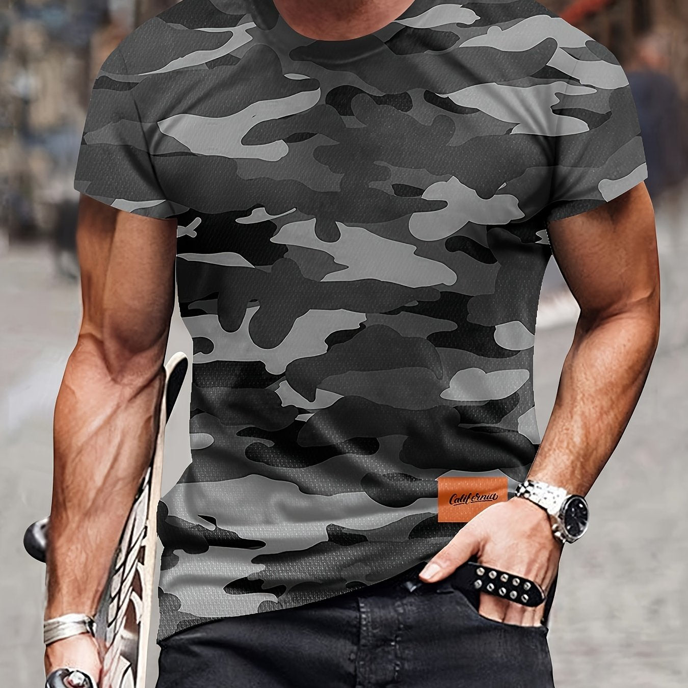 Men's Camouflage Graphic Print T-shirt, Casual Short Sleeve Crew Neck Tee, Men's Clothing For Summer Outdoor