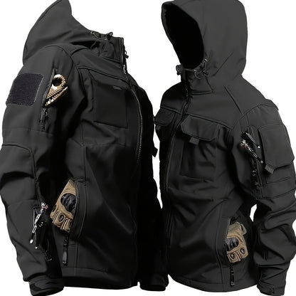 Men's Outdoor Zip Up Softshell Jacket With Pockets, Waterproof, Scratch Resistant And Warm Hooded Jacket For Outdoors