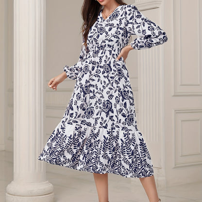 Floral & Leaves Print V-neck Dress, Elegant Elastic Waist Long Sleeve Dress For Spring & Fall, Women's Clothing