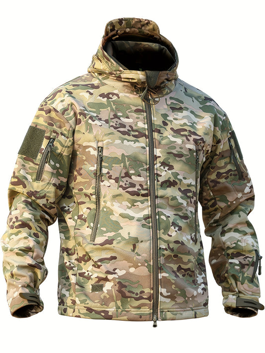 Men's Camouflage Printed Jacket, Softshell Hooded Outdoor Sports Coat, Hiking Casual Garment