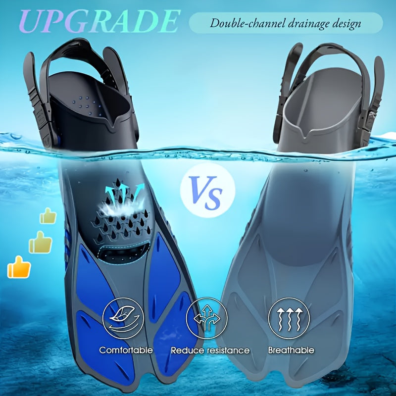 [Popular Choice] Qingsong Adjustable Snorkeling Fins with Buckles, Open Heel Design, Short Travel Swim Fins for Adults - Men and Women, Black