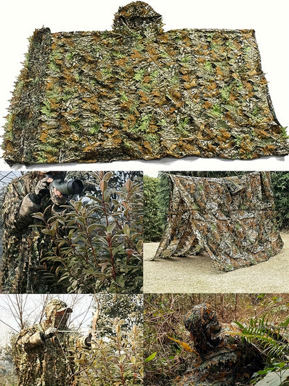 1pc Camo Leaf Pattern Hooded Poncho, 3D Leaf Camouflage Mesh Hooded Army Costume, Polyester 100% Knit Fabric with Slight Stretch, Loose Fit for Outdoor Activities, Hunting, Bird Watching, Survival Games - S-XL