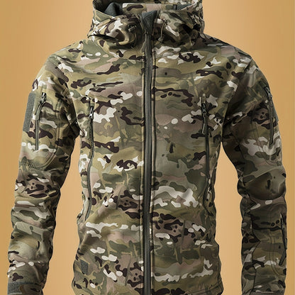 Men's Camouflage Print Softshell Jacket, Multi-Pocket Hooded Coat, Windproof Outdoor Jacket For Hiking And Camping