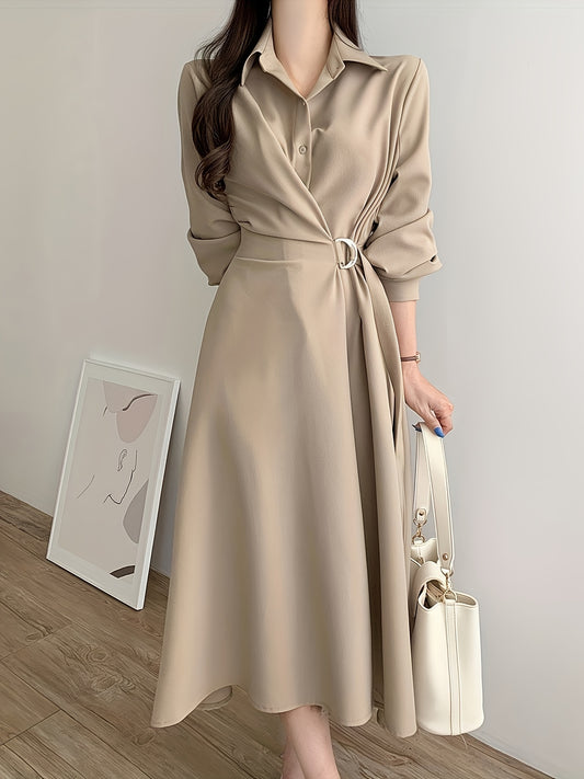 Elegant Black Midi Dress with Slimming Waist Tie - Chic Button-Up Collared Design, Long Sleeves, Polyester, Machine Washable - Perfect for Fashion-Forward Commuters, Everyday Fashion|Buttondown Dress|Polyester Dress