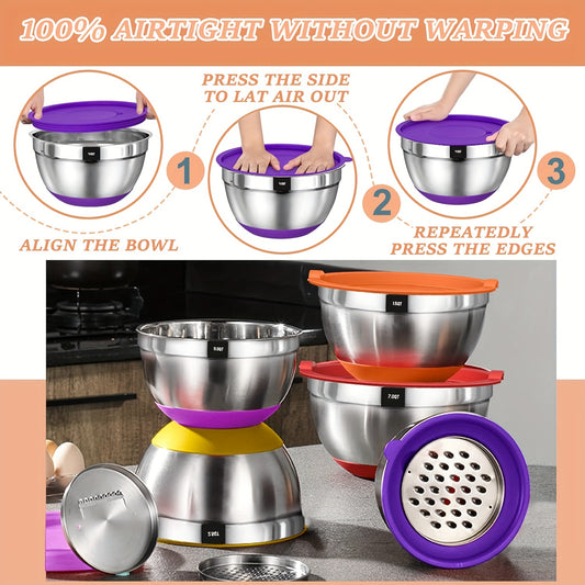 Mixing Bowls with Airtight Lids, 26pcs Stainless Steel Bowls Set 6 bowls & Lids + 20 kitchen tools, 3 Grater Attachments & Black Non-Slip Bottoms Size 7, 4, 2.5, 2.0, 1.5, 1QT, Great for Mixing & Serving