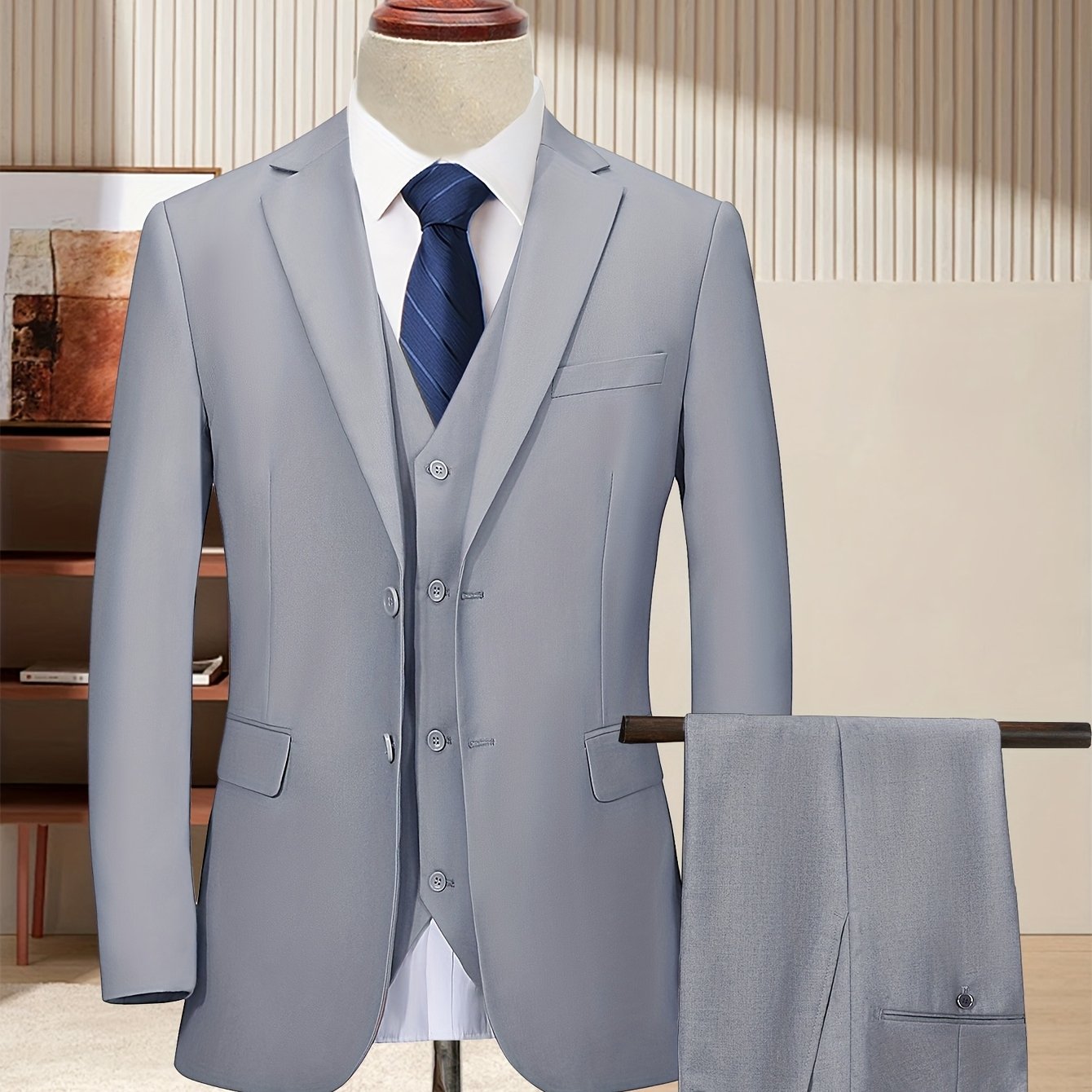 Men'S 3pcs Business Style Suit, Two Button Lapel Jacket Vest Trouser Set Solid Color Wedding Business Tuxedo Suit