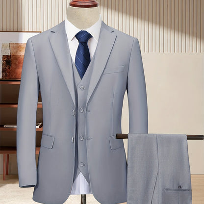 Men'S 3pcs Business Style Suit, Two Button Lapel Jacket Vest Trouser Set Solid Color Wedding Business Tuxedo Suit