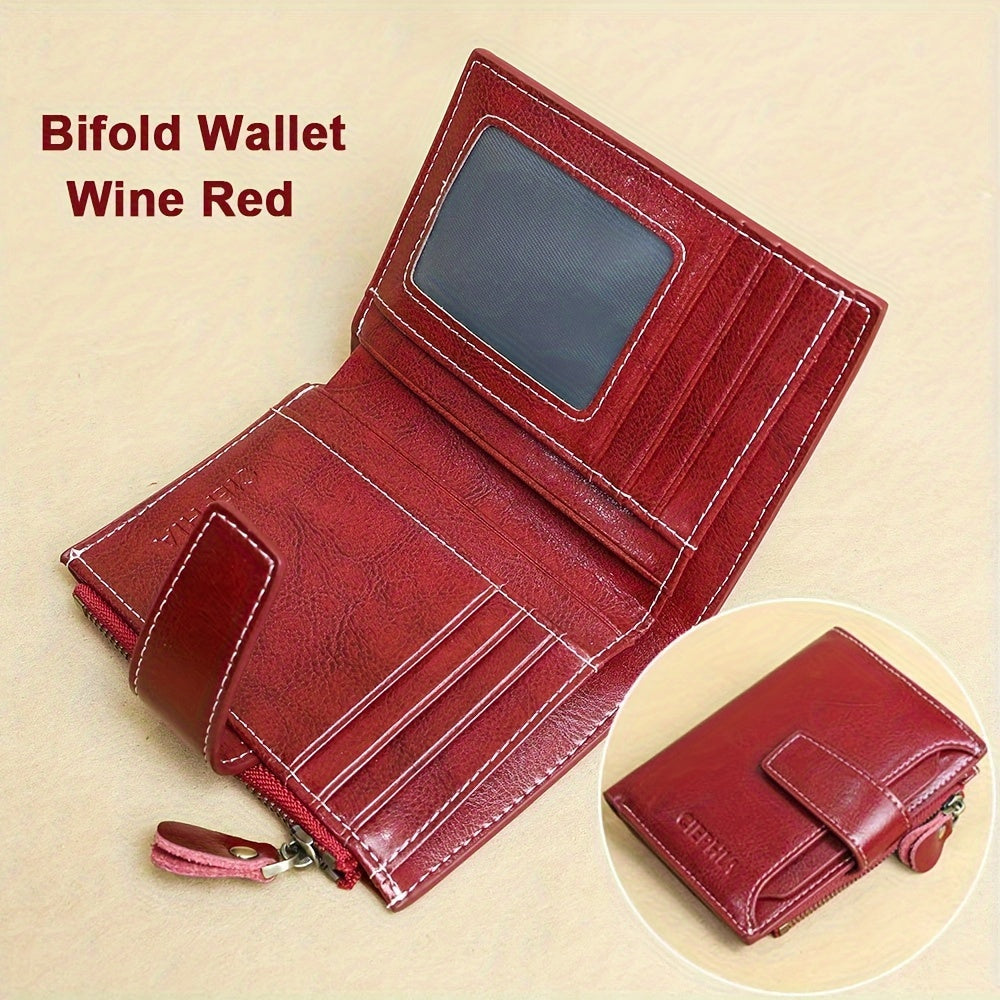 Genuine Leather RFID Blocking Wallet for Women - Stylish Bifold Card Holder with Detachable ID Window, Zipper Coin Pocket & Multiple Compartments, Red, Travel Accessory | Rfid Safe Wallet | Durable Leather, Card Holder Wallet