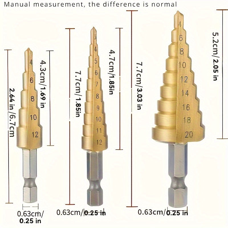 3pcs Titanium-Coated High-Speed Steel Step Drill Bit Set for Wood & Metal - Durable, Multi-Functional & Efficient