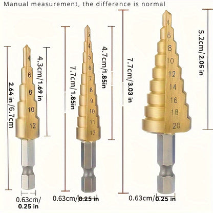 3pcs Titanium-Coated High-Speed Steel Step Drill Bit Set for Wood & Metal - Durable, Multi-Functional & Efficient