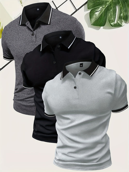 3Pcs Breathable Men's Golf Shirt, Regular Fit V-Neck Short Sleeve Casual T-Shirt for Summer