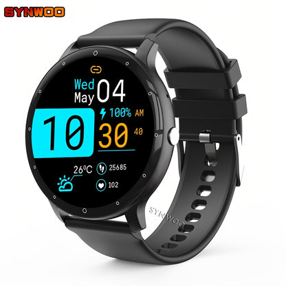Synwoo Smart Watch for Men and Women - 3.25cm Full Touch Screen, Digital Display, Round Dial, Motion Tracker, Alarm Clock, Weather Update, Music Playback, Message Reminder, USB Charging, Rechargeable Lithium Polymer Battery,
